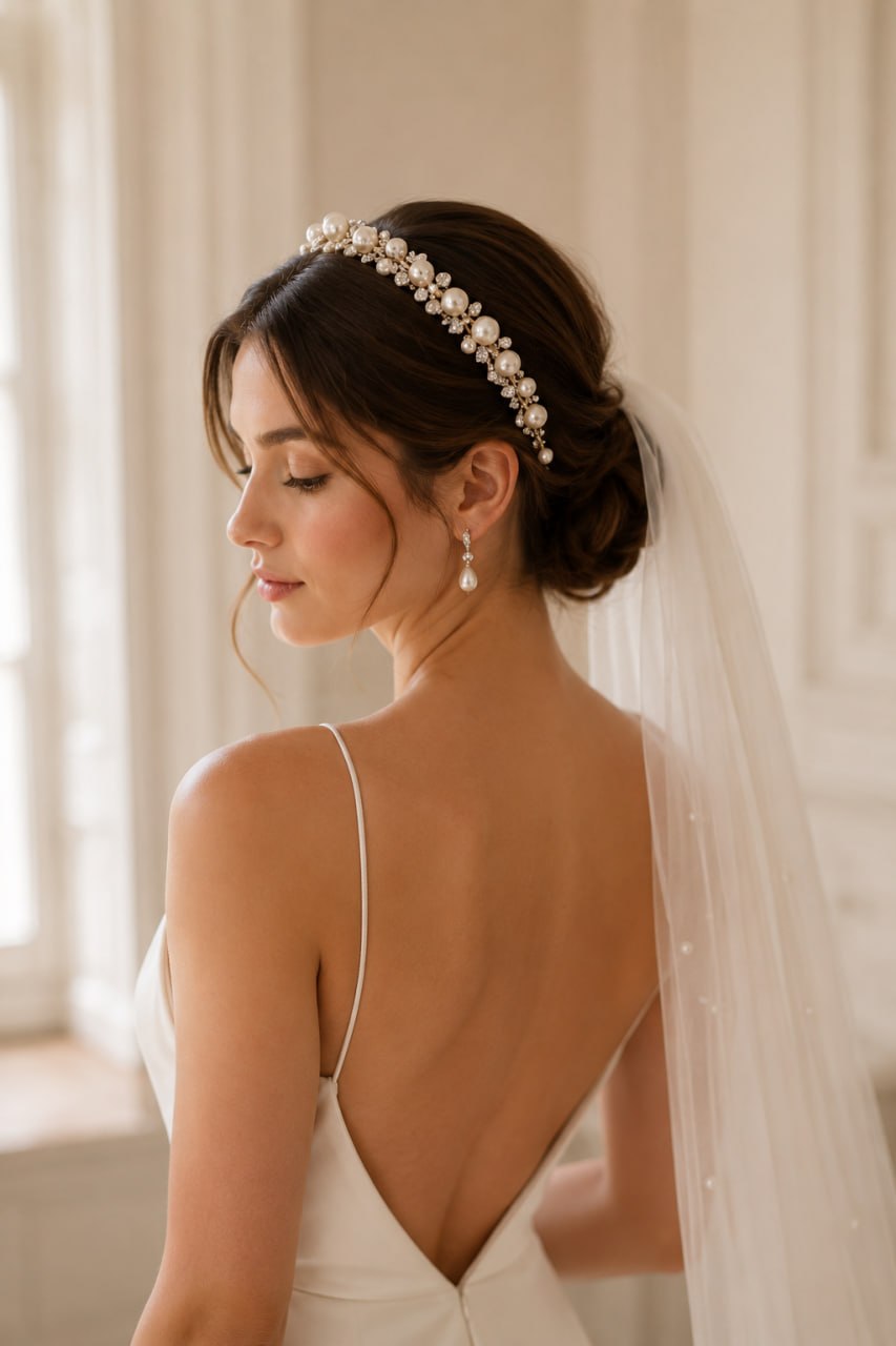 Bride wearing a pearl bridal headband