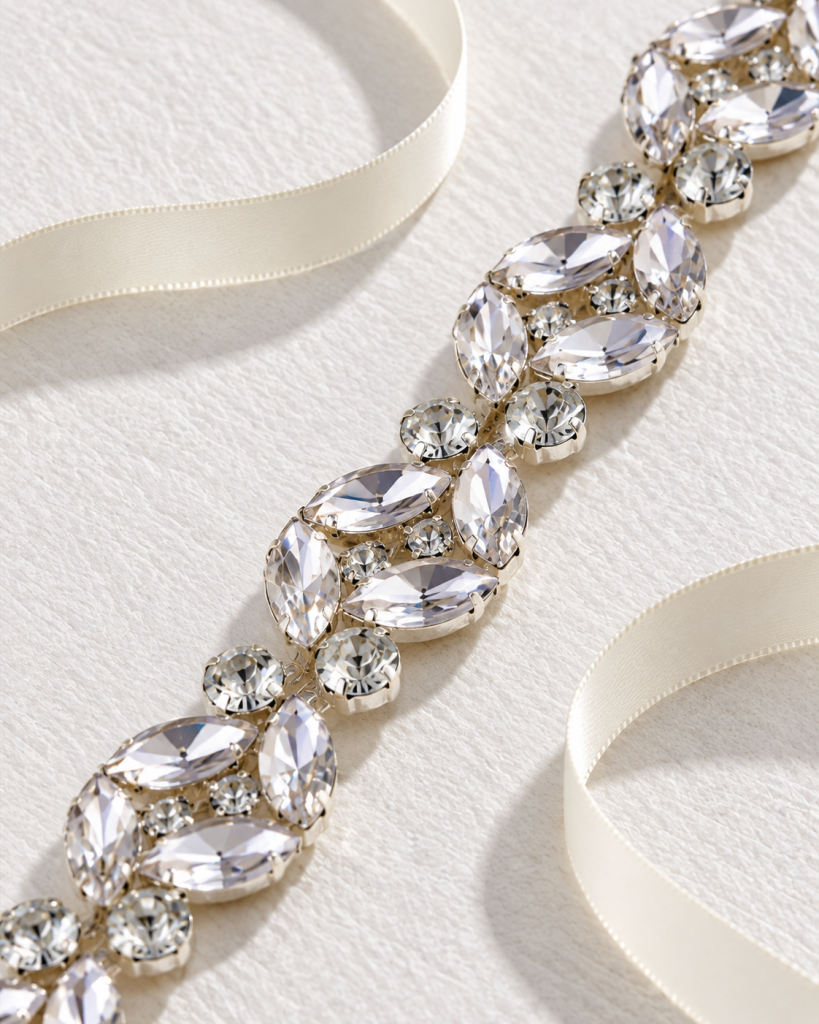 Clear Crystal Bridal Sash with Ivory Ribbon